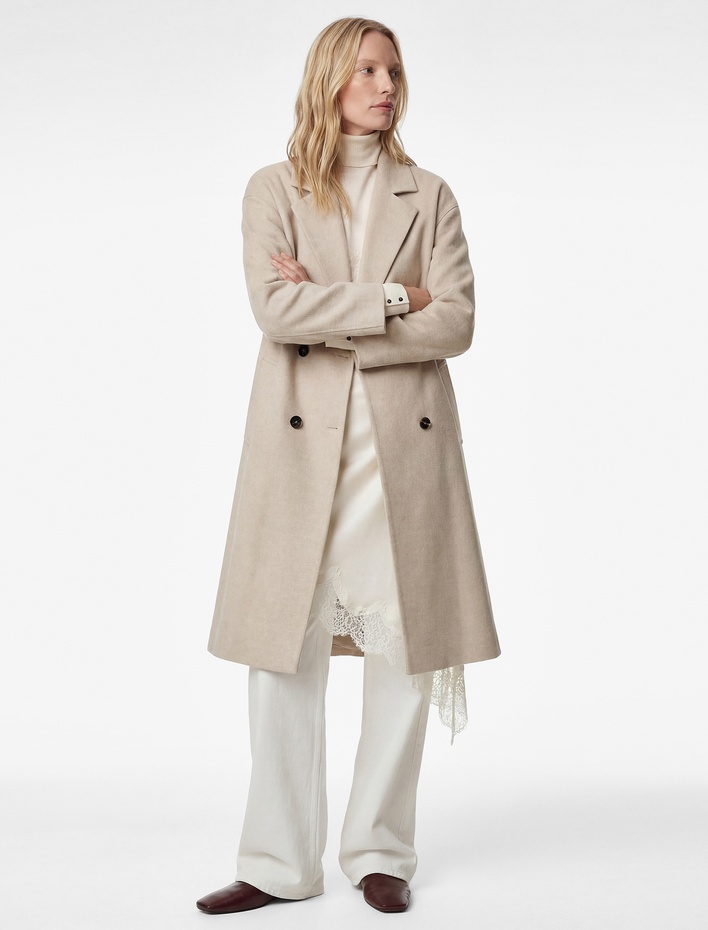  Kuşak Detaylı Düğmeli Kruvaze Uzun Kollu Kaşe Kaban