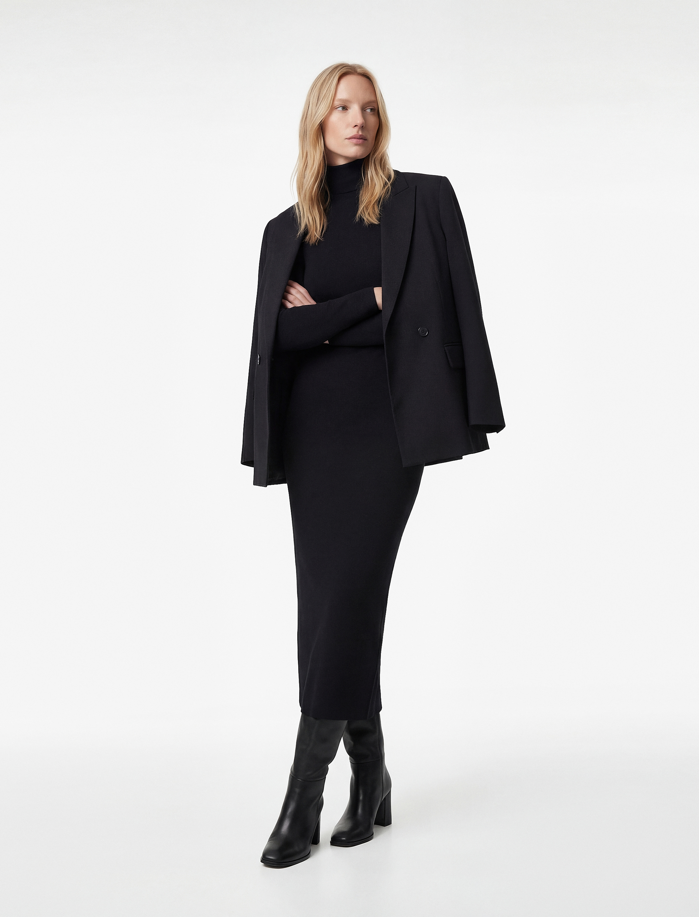   Dar Kalıp Midi Boy Kolsuz Dik Yaka Kalem Bodycon Elbise