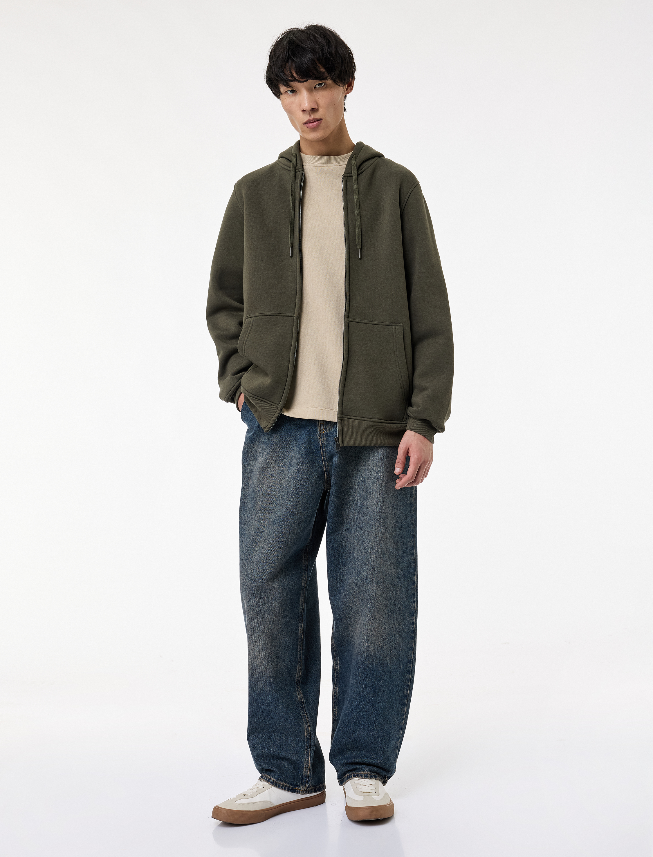   Uzun Kollu Şardonlu Cep Detaylı Fermuarlı Hırka