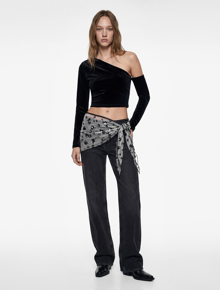  Tek Omuz Uzun Kollu Asimetrik Yaka Crop Kadife Tişört