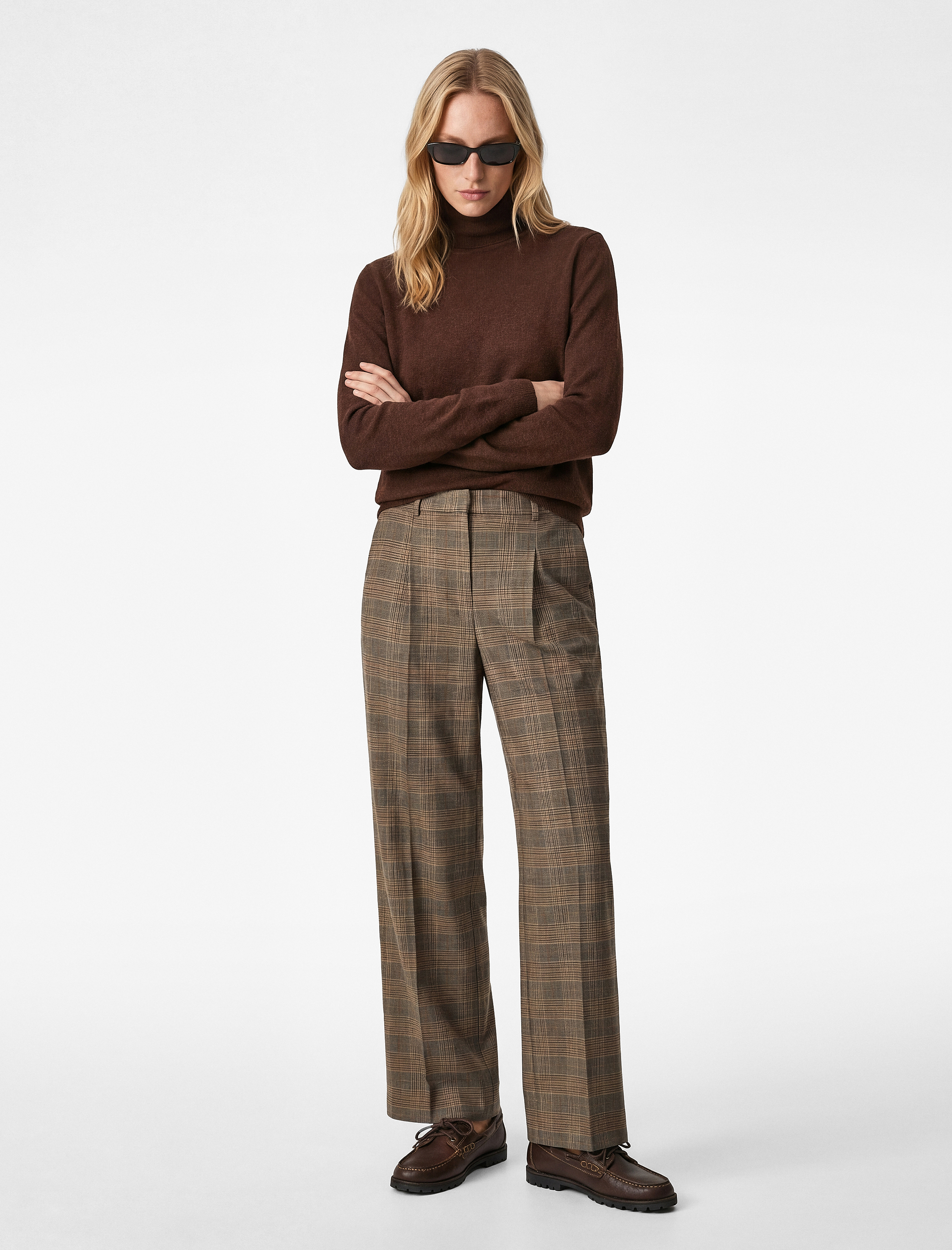   Cep Detaylı Yüksek Bel Ekoseli Palazzo Pantolon