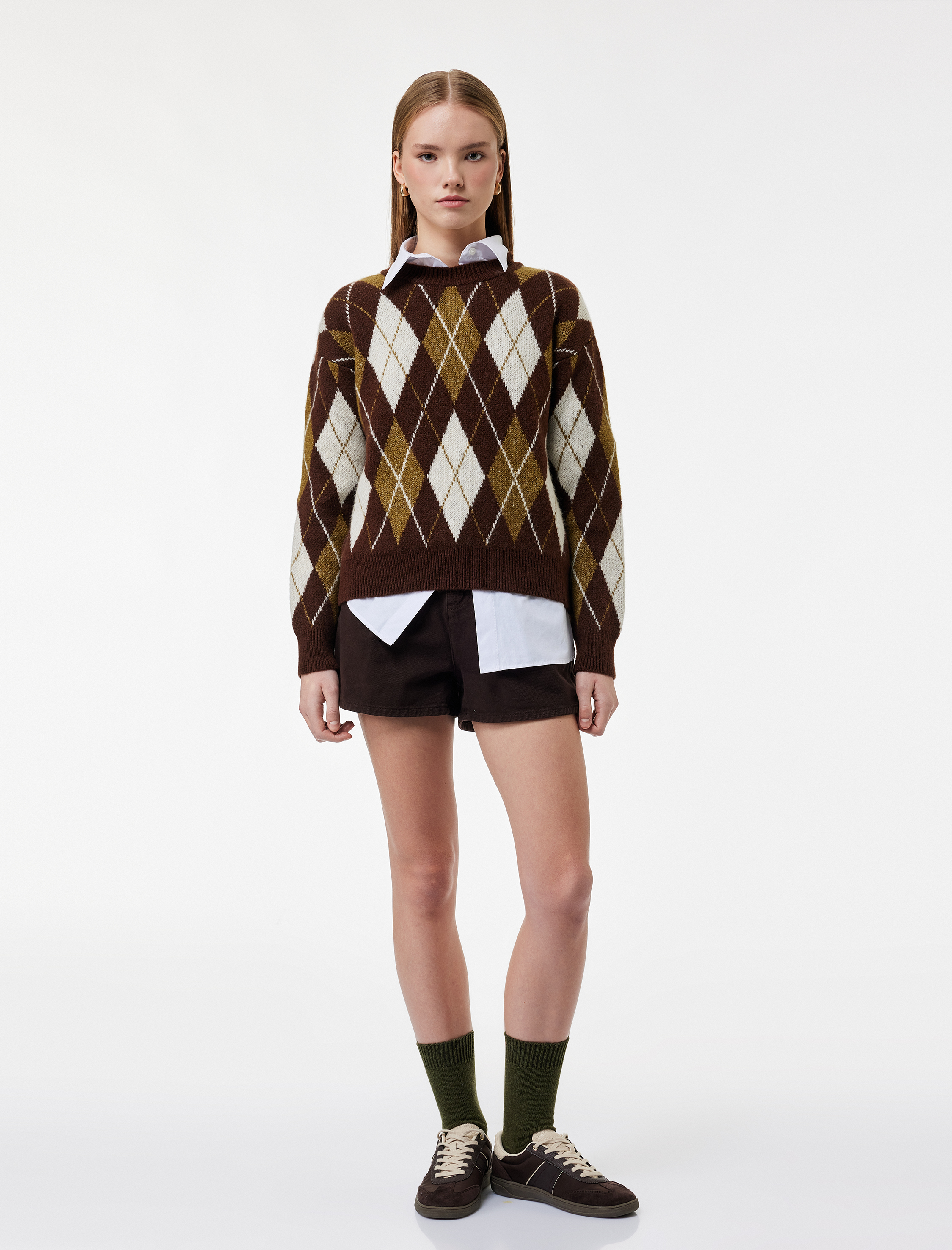   Uzun Kollu Bisiklet Yaka Baklava Desenli Triko Kazak