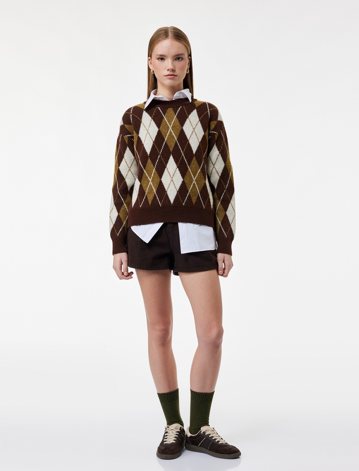  Uzun Kollu Bisiklet Yaka Baklava Desenli Triko Kazak