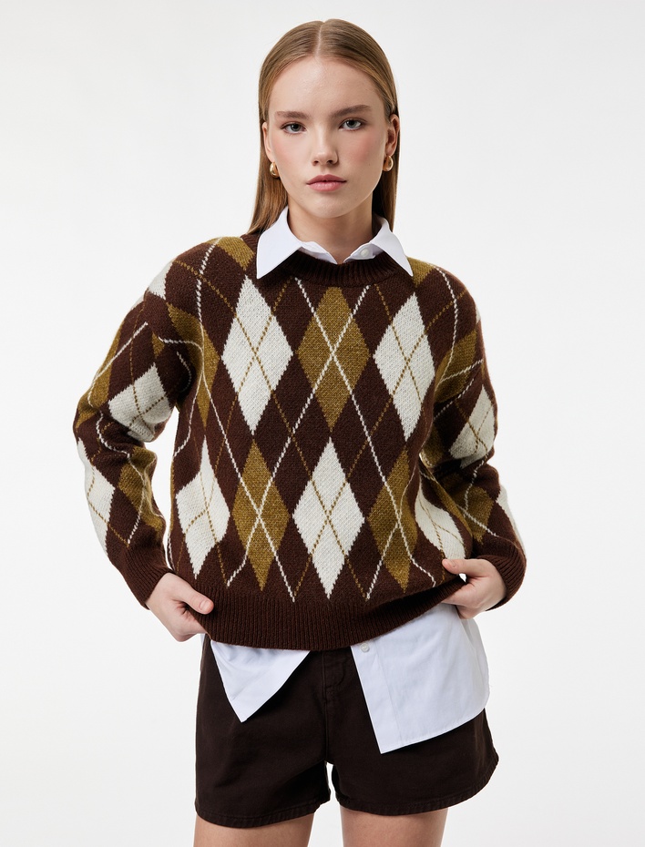  Uzun Kollu Bisiklet Yaka Baklava Desenli Triko Kazak