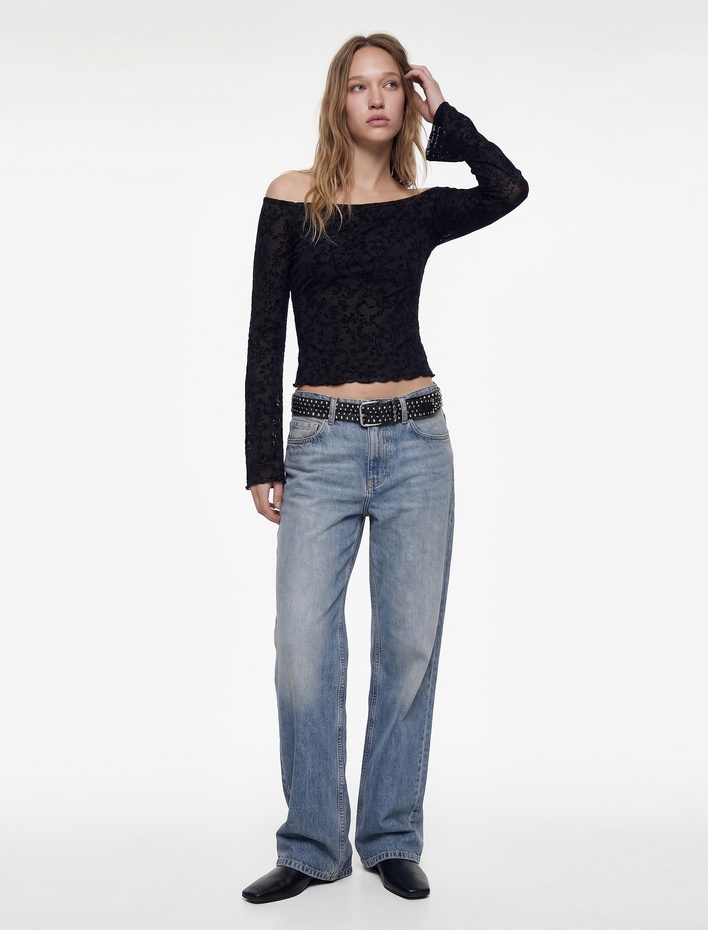  Uzun İspanyol Kollu Slim Fit Omzu Açık Tül Dantelli Tişört