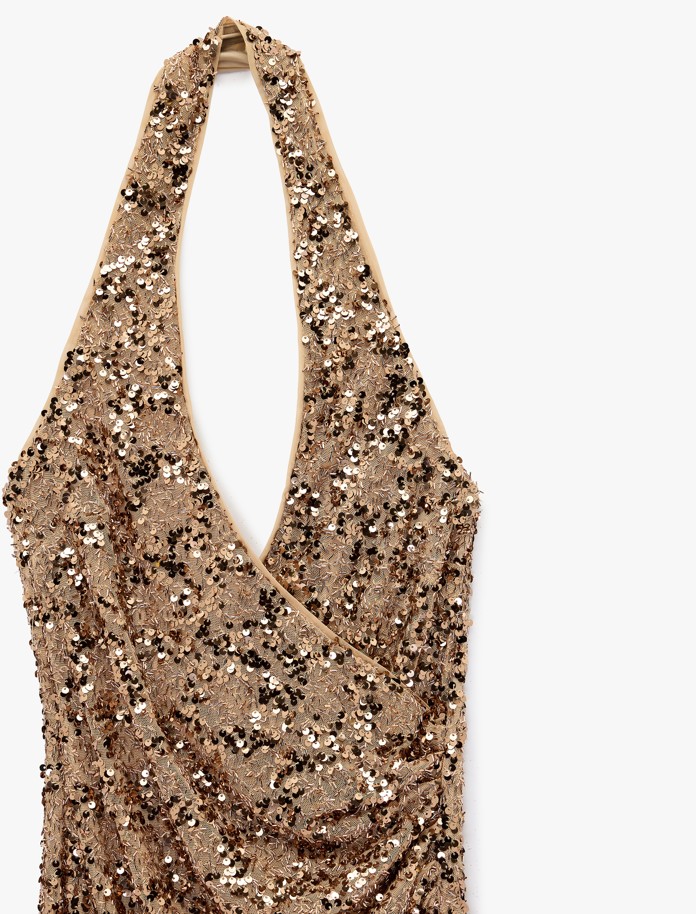   Slim Fit Sırt Dekolteli Kruvaze Halter Yaka Pullu Payetli Uzun Elbise