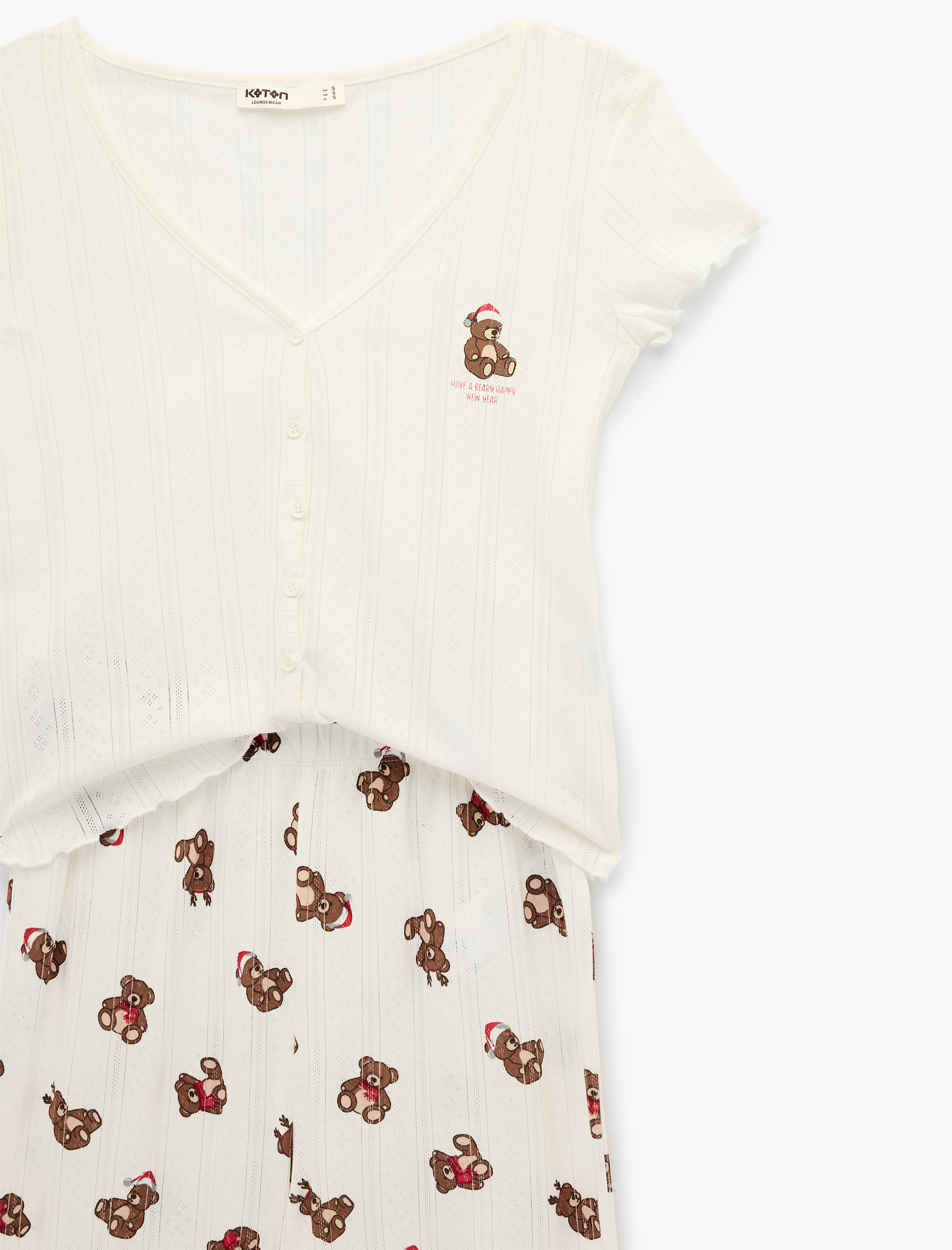   Kısa Kollu V Yaka Ayıcık Baskılı Pamuklu Yılbaşı Pijama Takımı