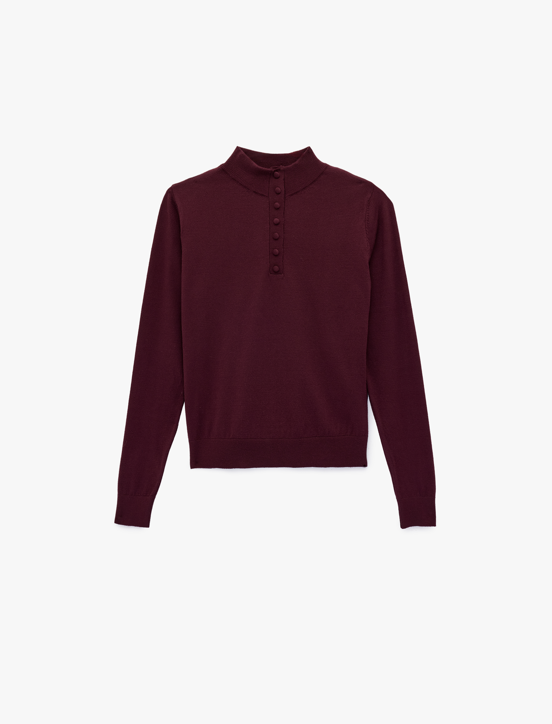   Regular Fit Uzun Kollu Yarım Düğme Detaylı Dik Yaka Triko Kazak