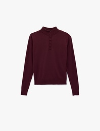 Regular Fit Uzun Kollu Yarım Düğme Detaylı Dik Yaka Triko Kazak