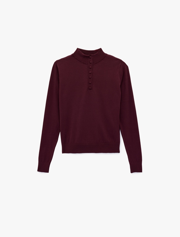  Regular Fit Uzun Kollu Yarım Düğme Detaylı Dik Yaka Triko Kazak