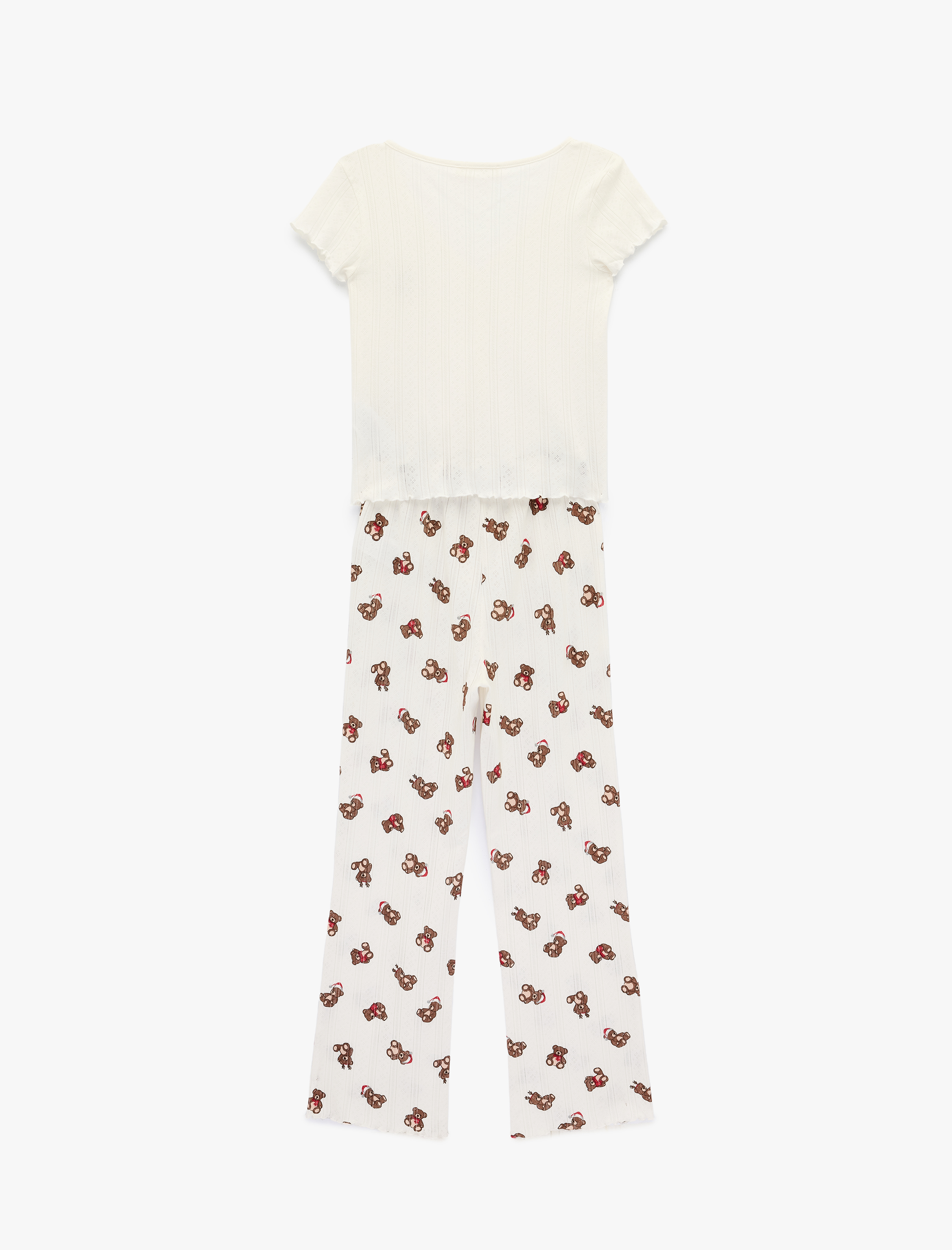   Kısa Kollu V Yaka Ayıcık Baskılı Pamuklu Yılbaşı Pijama Takımı