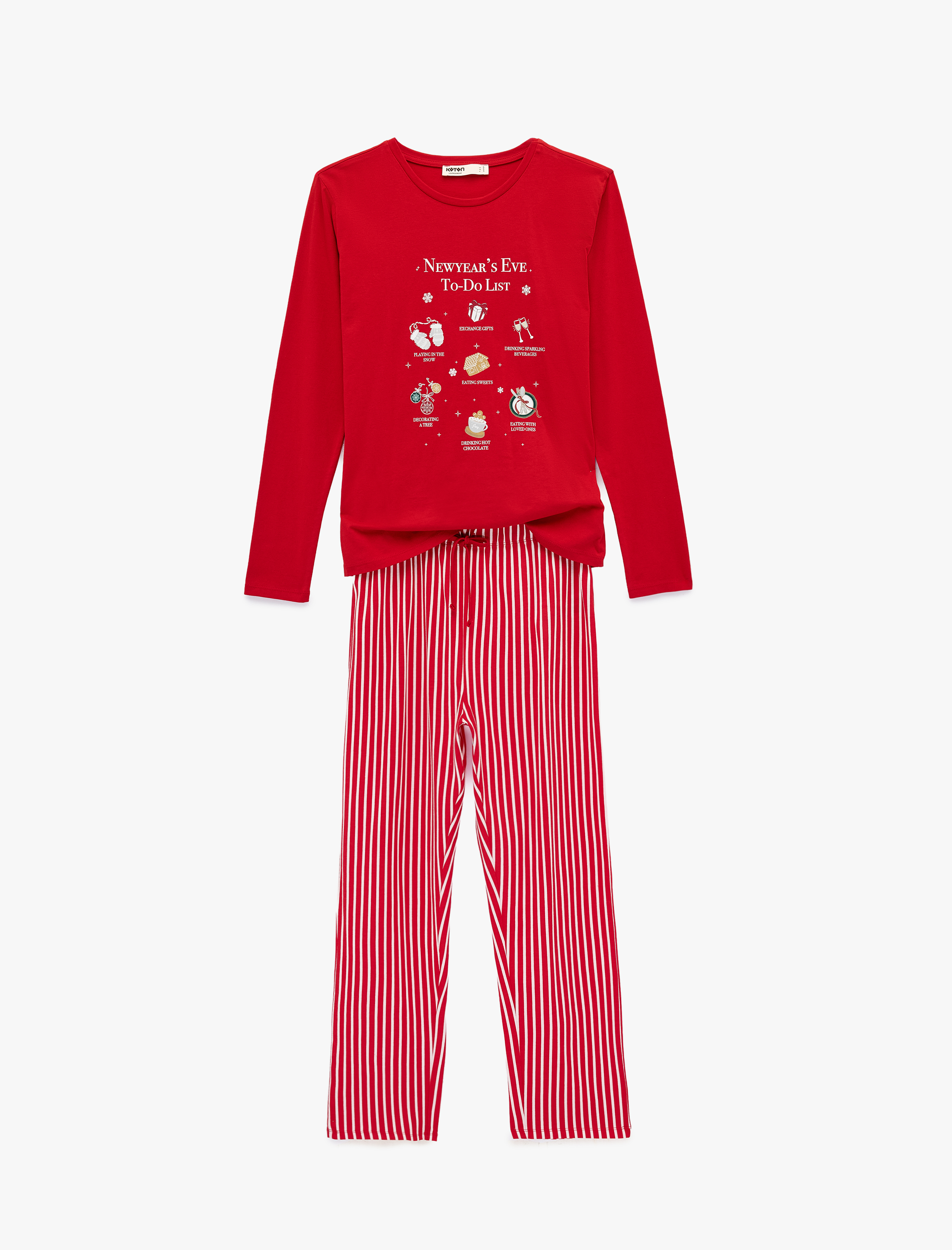   Uzun Kollu Bisiklet Yaka Pamuklu Baskılı Yılbaşı Pijama Takımı