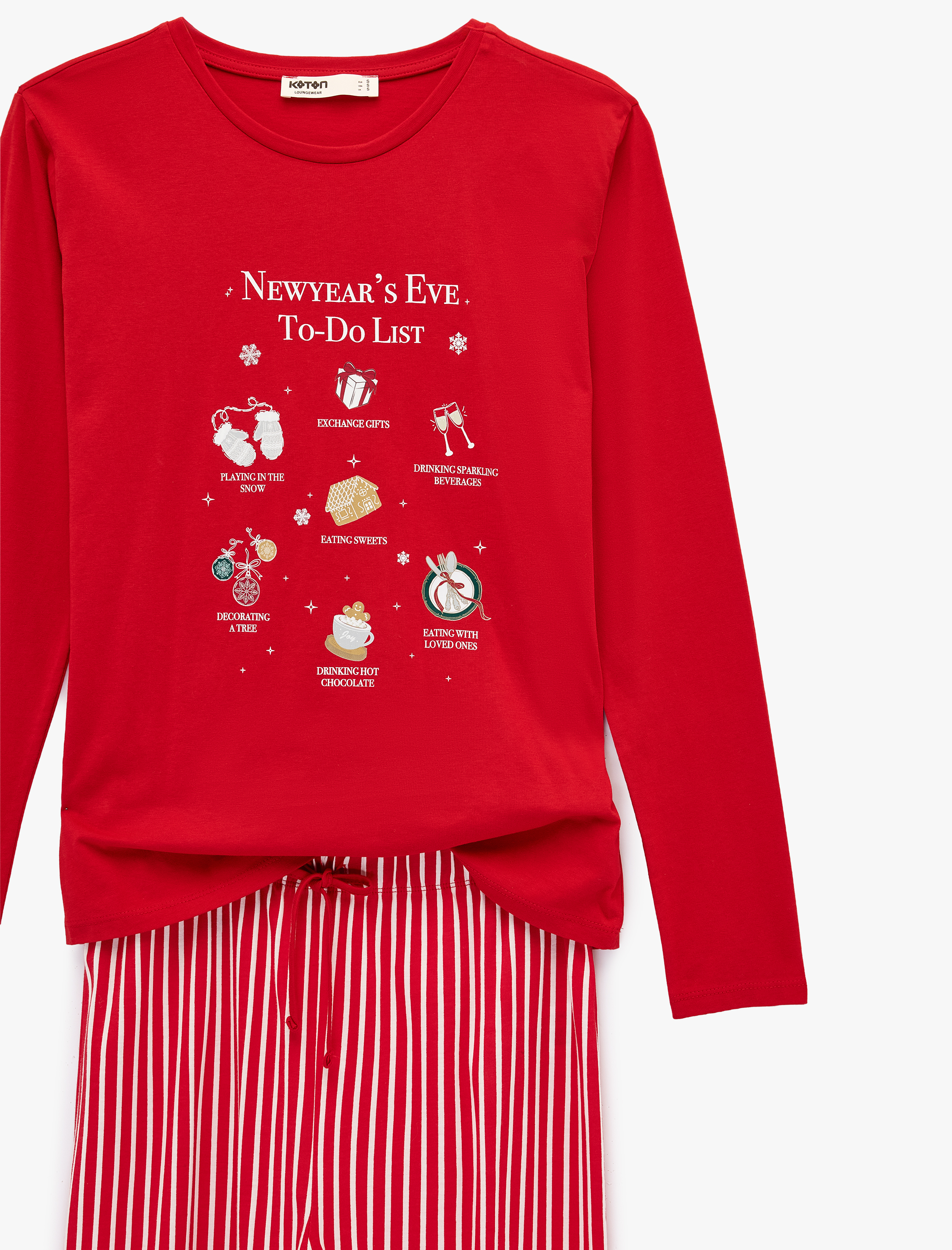   Uzun Kollu Bisiklet Yaka Pamuklu Baskılı Yılbaşı Pijama Takımı