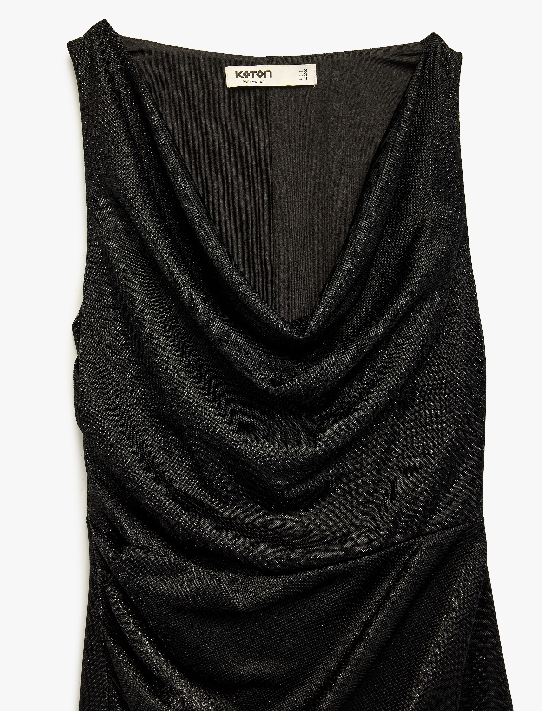   Slim Fit Kayık Degaje Yaka Drapeli Kolsuz Parıltılı Uzun Gece Elbisesi