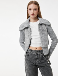 Slim Fit Uzun Kollu Dik Yaka Fermuarlı Suni Kürklü Hırka