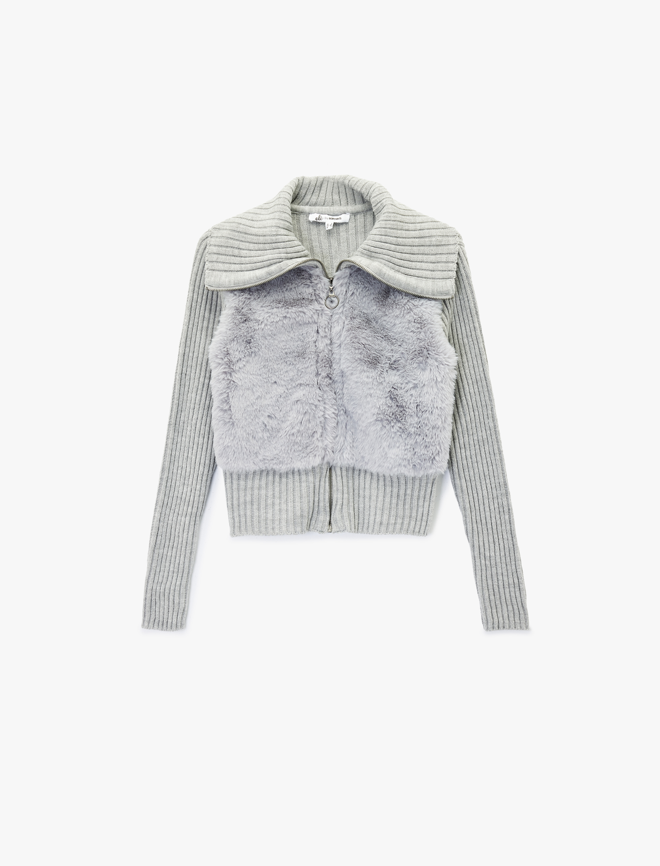   Slim Fit Uzun Kollu Dik Yaka Fermuarlı Suni Kürklü Hırka