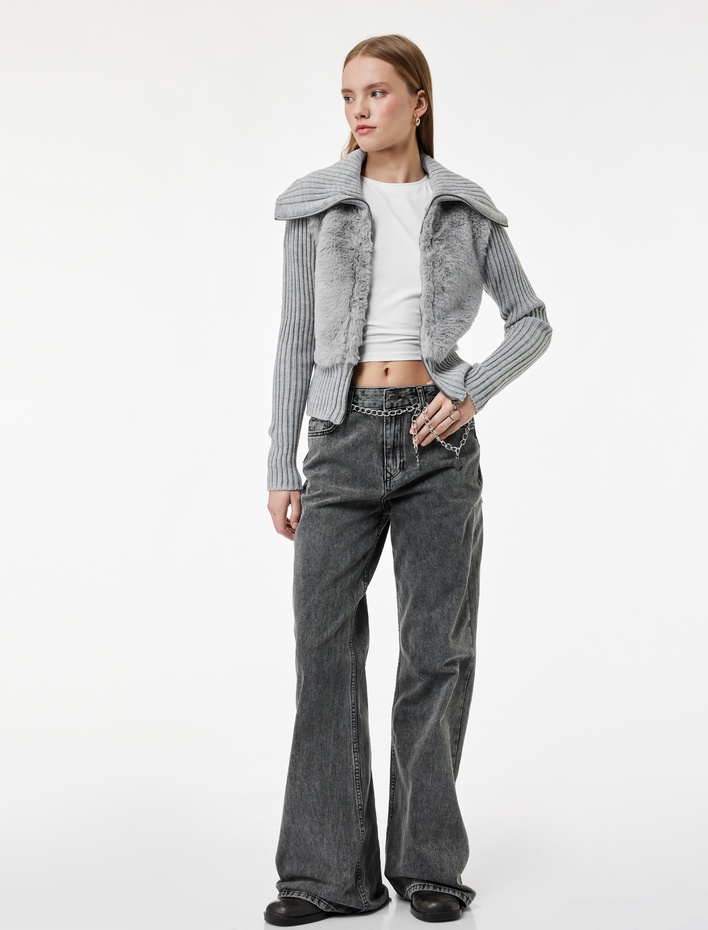  Slim Fit Uzun Kollu Dik Yaka Fermuarlı Suni Kürklü Hırka