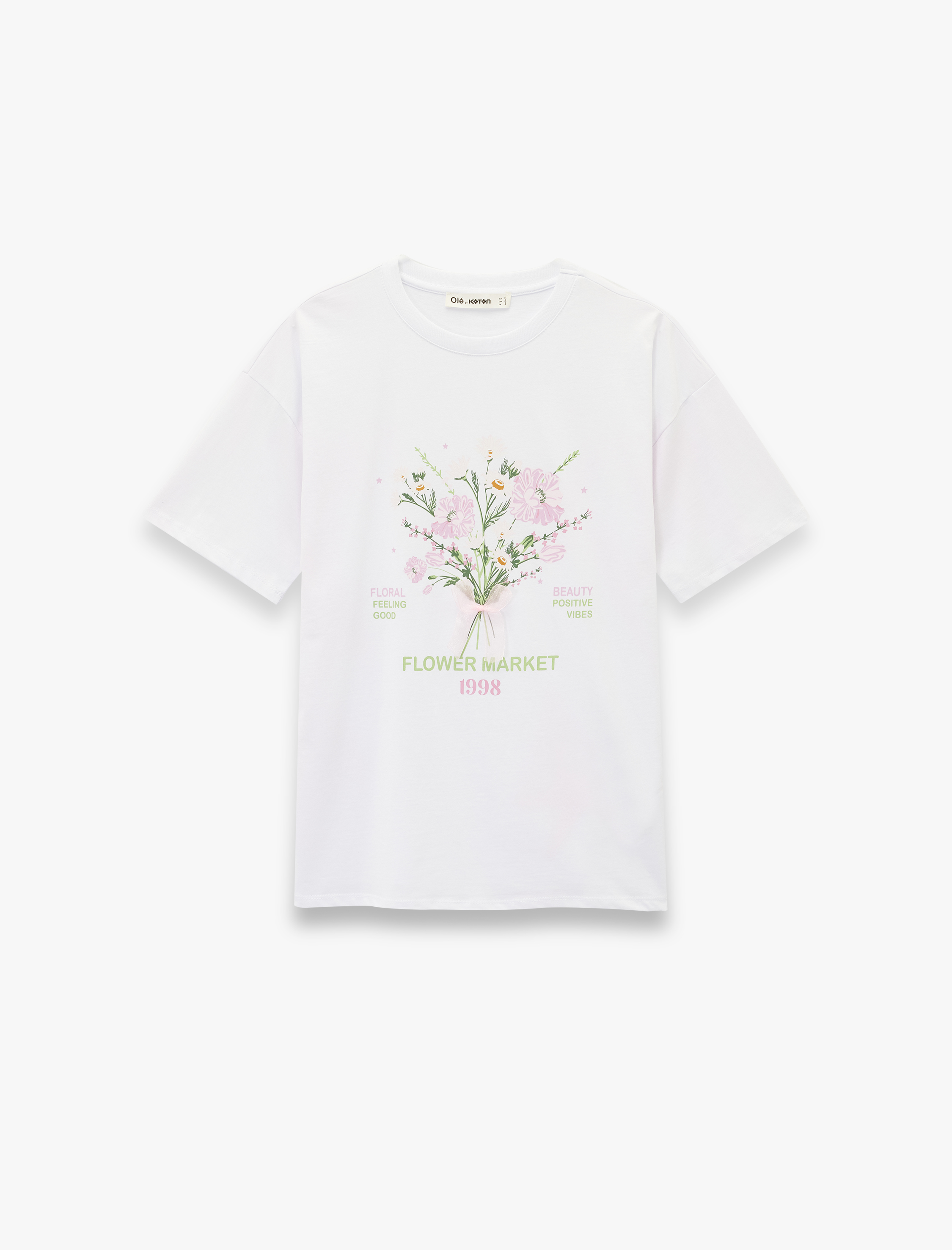   Kısa Kollu Bisiklet Yaka Çiçek Baskılı Pamuklu Oversize Tişört