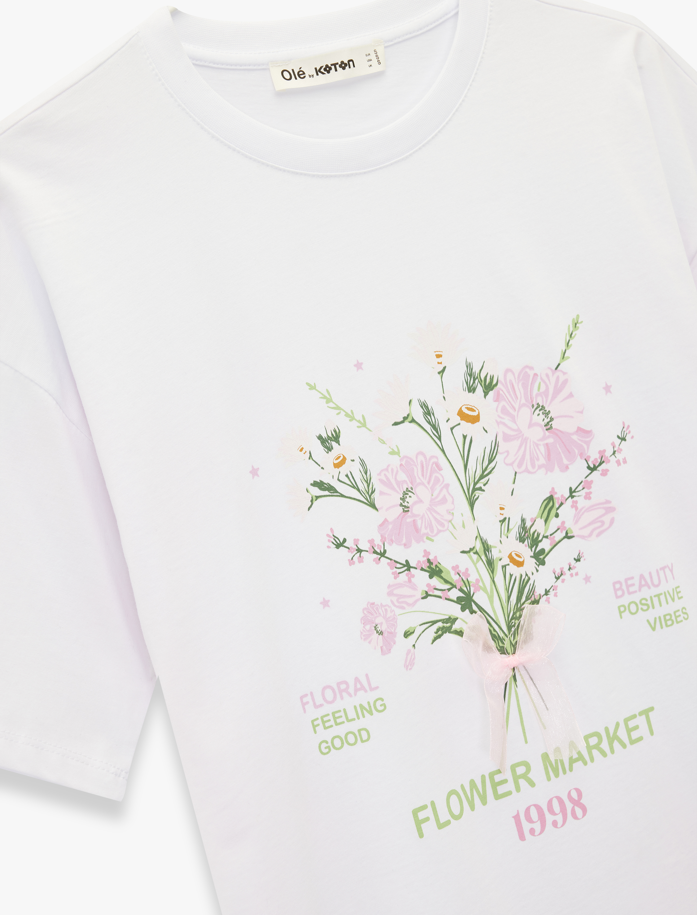   Kısa Kollu Bisiklet Yaka Çiçek Baskılı Pamuklu Oversize Tişört