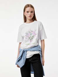 Kısa Kollu Bisiklet Yaka Çiçek Baskılı Pamuklu Oversize Tişört