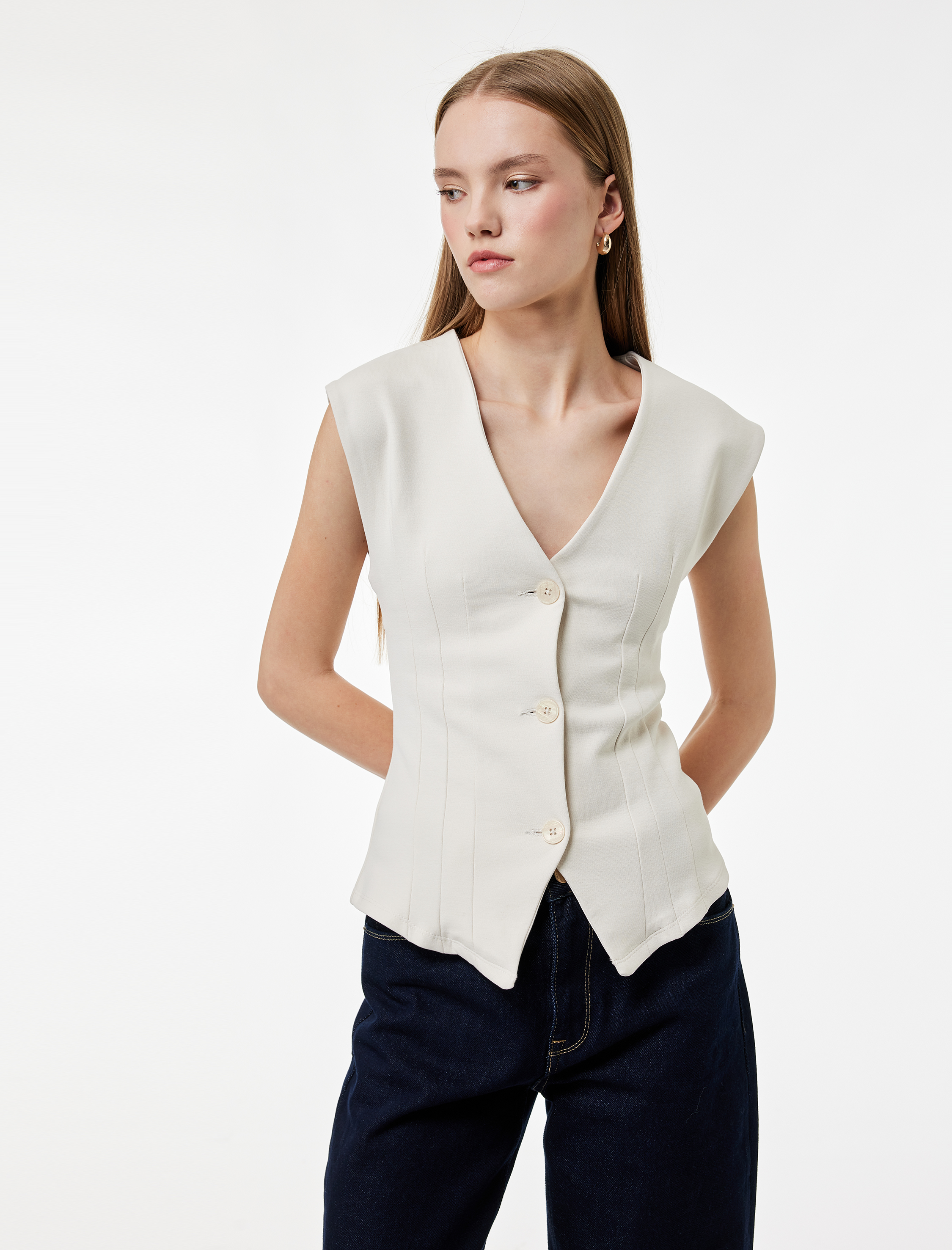   Slim Fit Düğmeli Dikiş Detaylı Kolsuz V Yaka Yelek