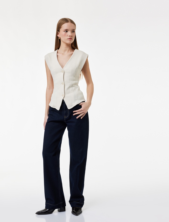  Slim Fit Düğmeli Dikiş Detaylı Kolsuz V Yaka Yelek