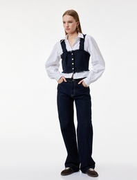 Pamuklu Uzun Kollu Düğme Detaylı Gömlek Yaka Crop Bluz