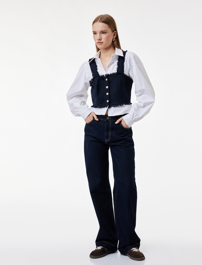  Pamuklu Uzun Kollu Düğme Detaylı Gömlek Yaka Crop Bluz