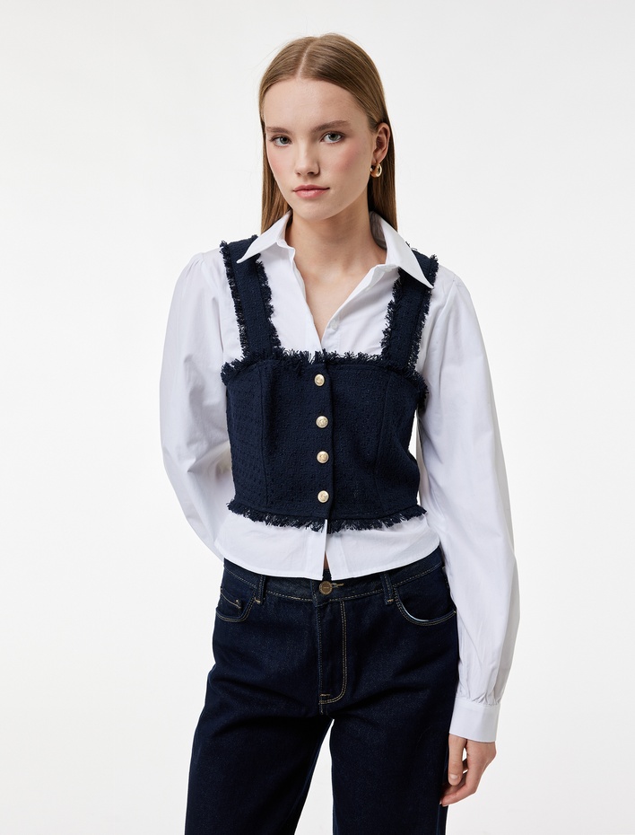  Pamuklu Uzun Kollu Düğme Detaylı Gömlek Yaka Crop Bluz