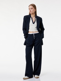 Cepli Pile Detaylı Beli Bağcıklı Geniş Paça Kumaş Pantolon