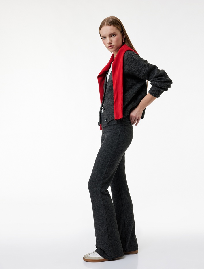  Viskon Karışımlı Katlı Yüksek Bel İspanyol Paça Tayt Pantolon