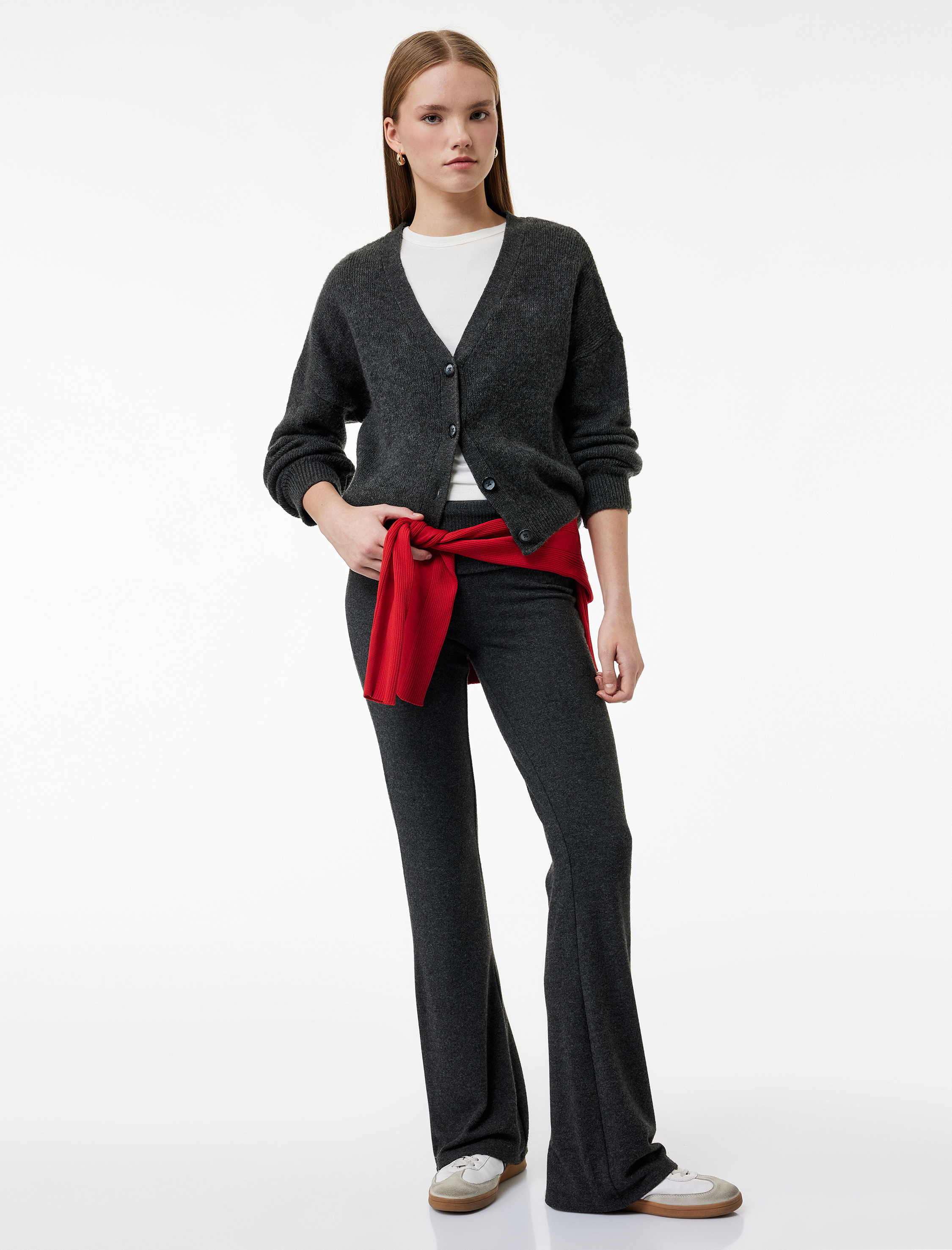   Viskon Karışımlı Katlı Yüksek Bel İspanyol Paça Tayt Pantolon