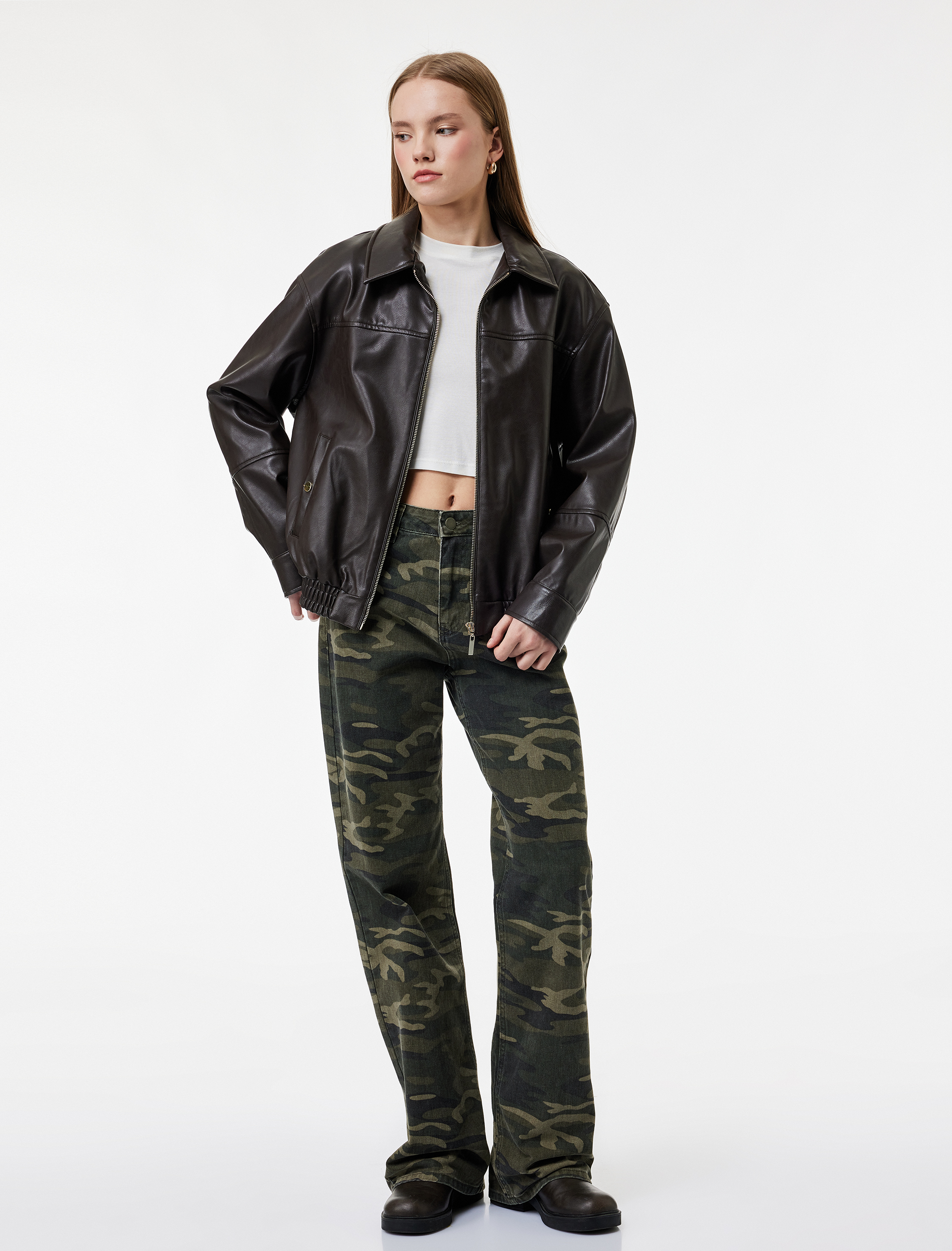   Pamuklu Normal Bel Düğmeli Düz Paça Kamuflaj Pantolon - Straight Fit Jean