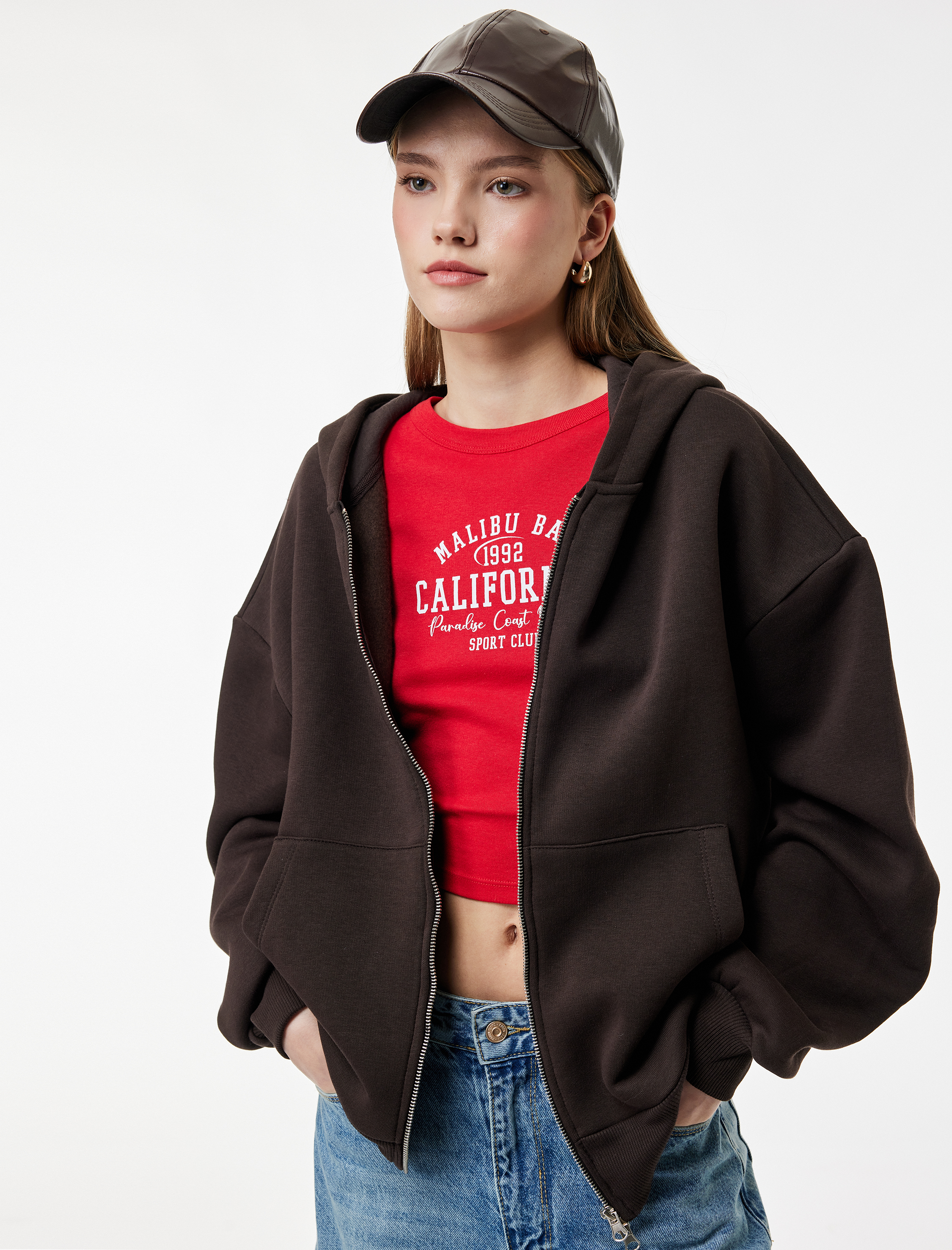   Şardonlu Kapşonlu Uzun Kollu Fermuarlı Sweatshirt