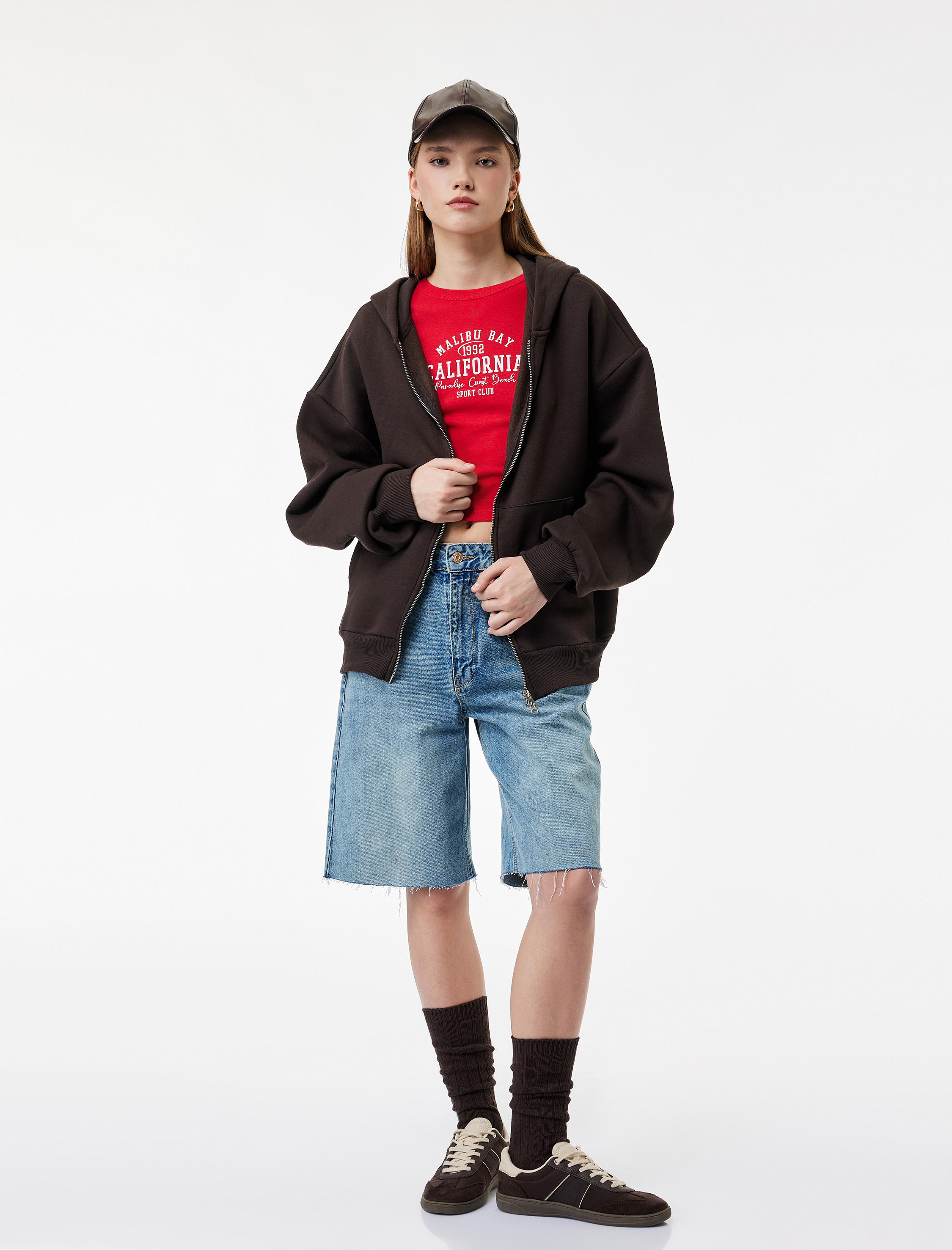   Şardonlu Kapşonlu Uzun Kollu Fermuarlı Sweatshirt