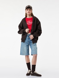 Şardonlu Kapşonlu Uzun Kollu Fermuarlı Sweatshirt