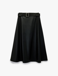 Çan Kesim Midi Kemerli Suni Deri Etek