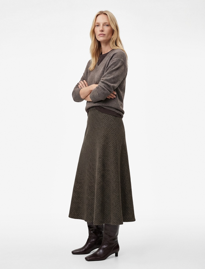  Rahat Kalıp Çan Kesim Midi Boy Desenli Kışlık Etek