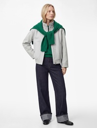 Uzun Kollu Cepli Fermuarlı Dik Yaka Kaşe Bomber Ceket