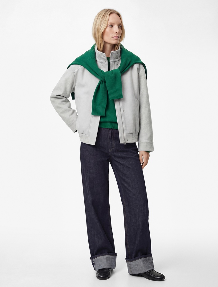  Uzun Kollu Cepli Fermuarlı Dik Yaka Kaşe Bomber Ceket