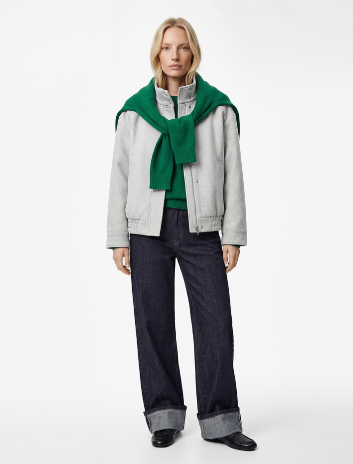  Uzun Kollu Cepli Fermuarlı Dik Yaka Kaşe Bomber Ceket