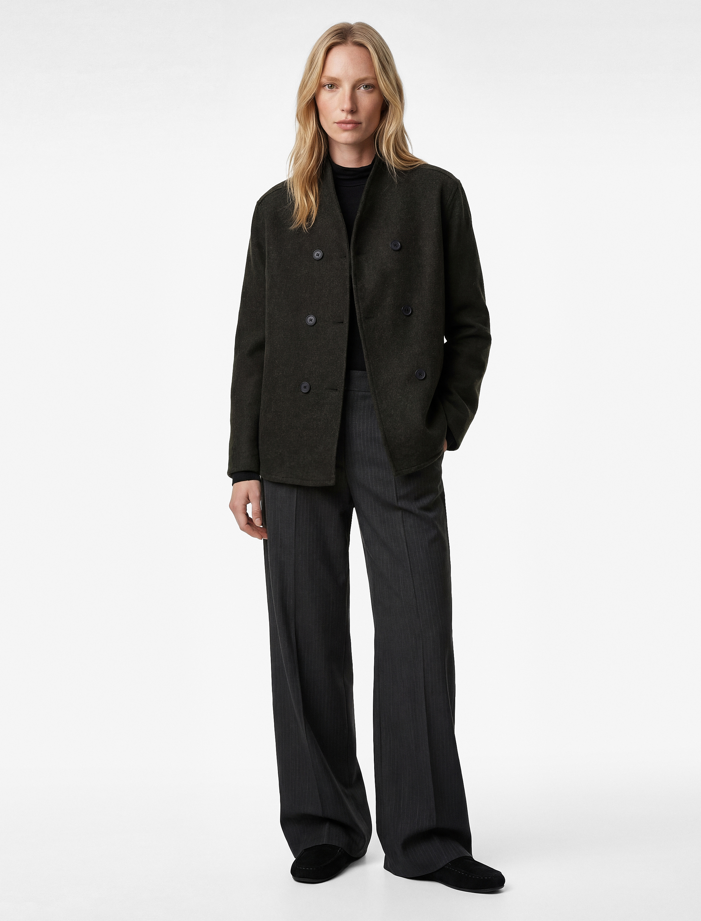   Uzun Kollu Dik Yaka Düğmeli Kruvaze Kaşe Ceket