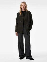 Uzun Kollu Dik Yaka Düğmeli Kruvaze Kaşe Ceket