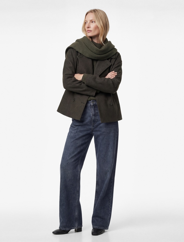  Uzun Kollu Cepli Kruvaze Düğmeli Kemerli Kaşe Kısa Kaban