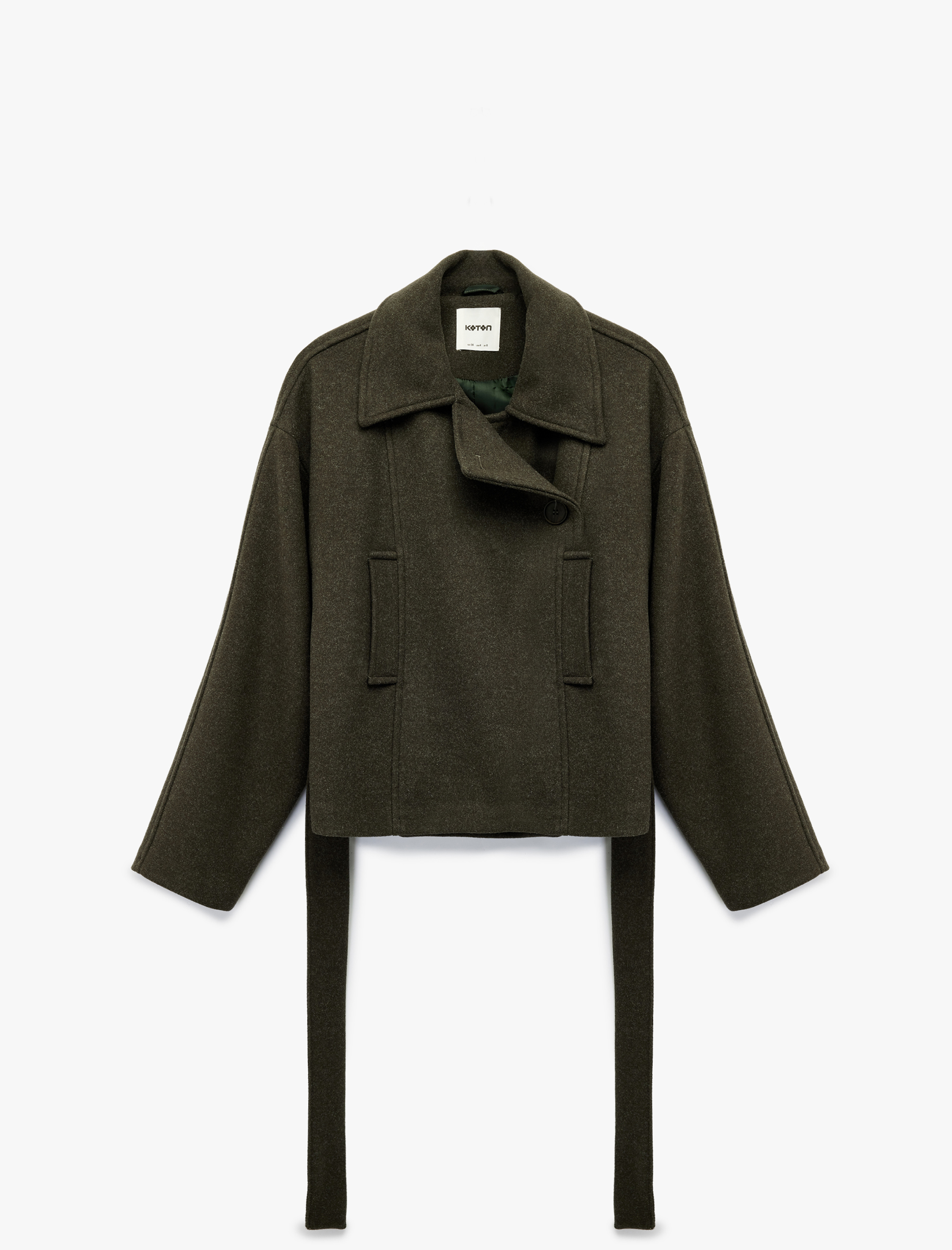   Uzun Kollu Cepli Kruvaze Düğmeli Kemerli Kaşe Kısa Kaban