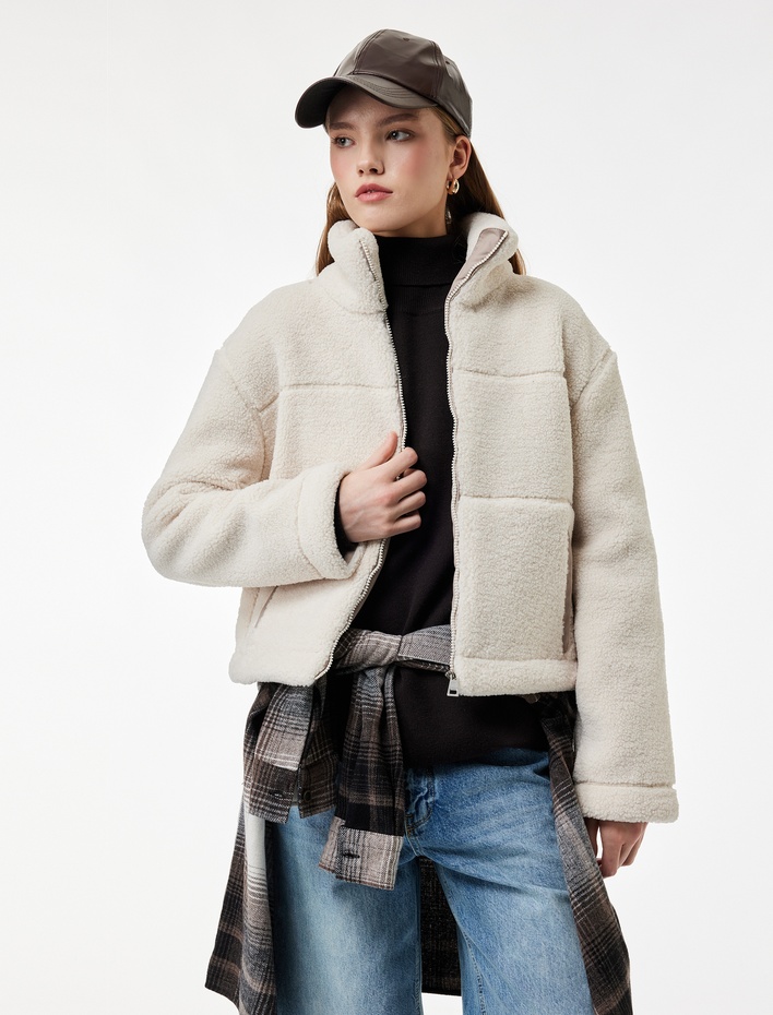  Cepli Uzun Kollu Fermuarlı Dik Yaka Crop Peluş Mont