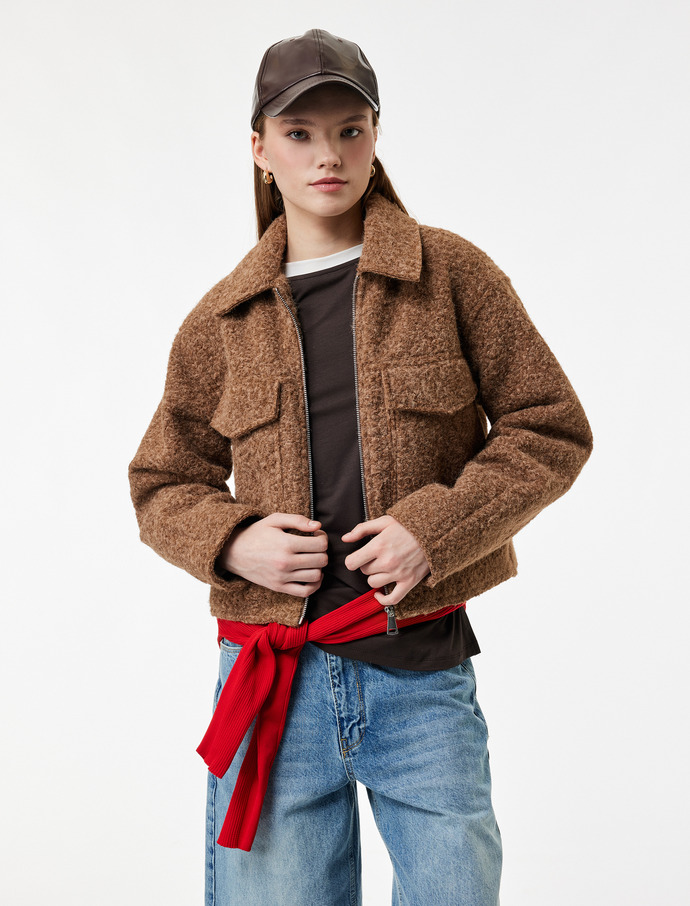   Fermuarlı Cepli Uzun Kollu Kısa Peluş Ceket