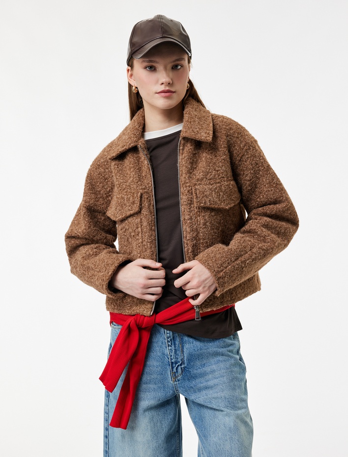  Fermuarlı Cepli Uzun Kollu Kısa Peluş Ceket