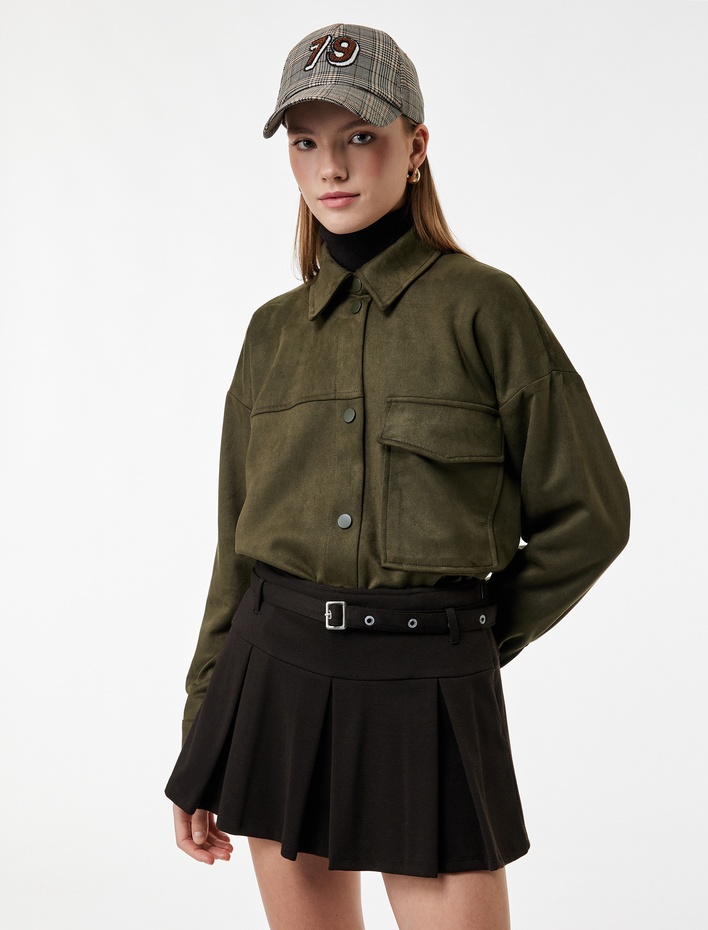  Cep Detaylı Düğmeli Uzun Kollu Klasik Yaka Süet Görünümlü Gömlek