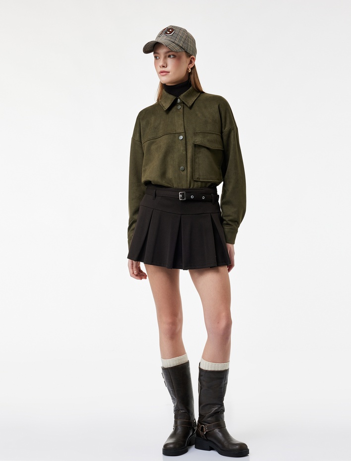  Cep Detaylı Düğmeli Uzun Kollu Klasik Yaka Süet Görünümlü Gömlek